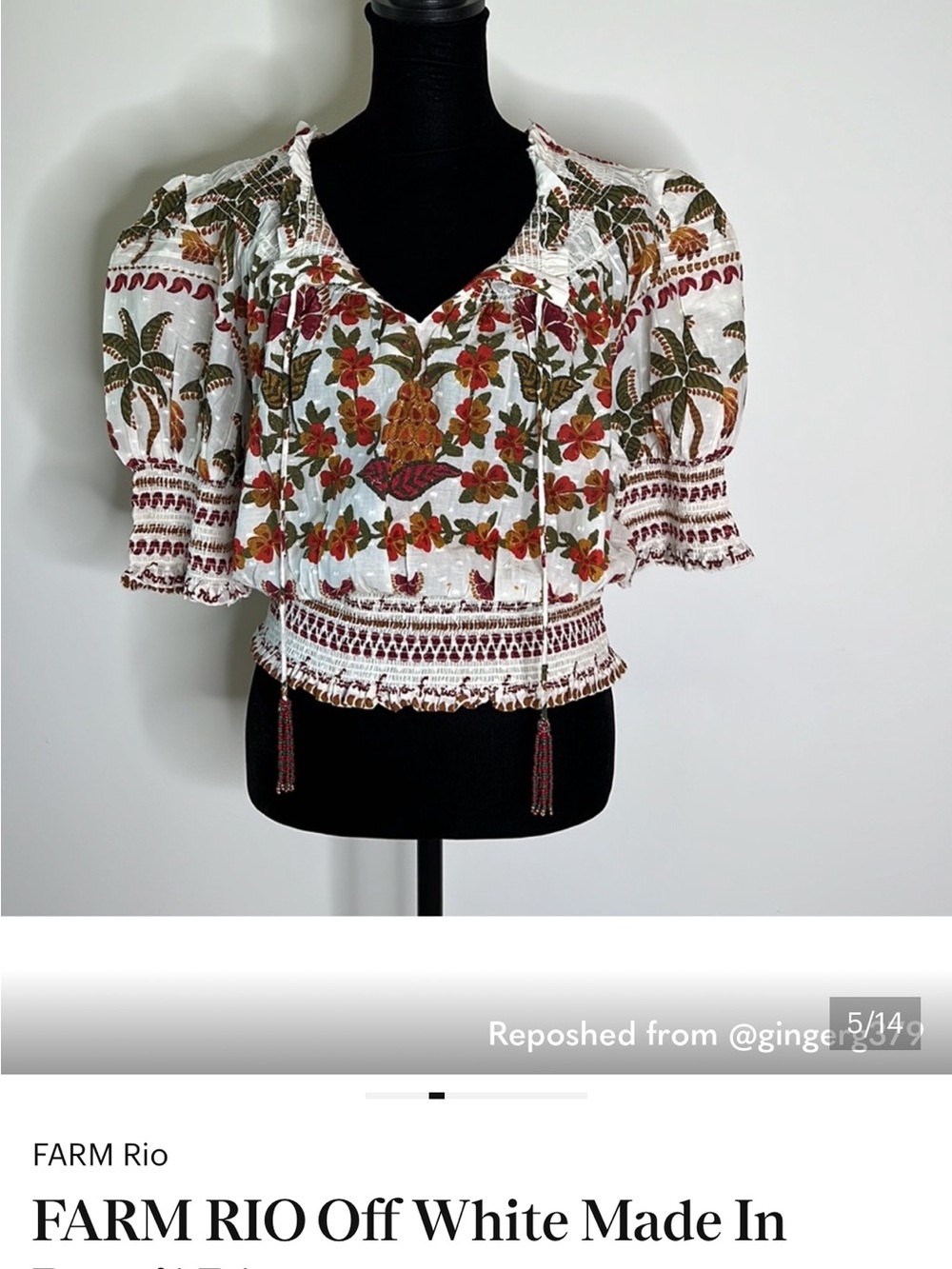 Farm RioWomen's Floral Smocked Peasant Top - White with Red & Green Floral Print - Picture 2 of 6